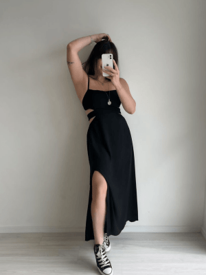 Vestido Midi com fenda Preto